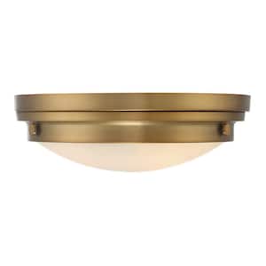 Lucerne 15 in. W x 4.75 in. H 3-Light Warm Brass Flush Mount Ceiling Light with Glass Shade