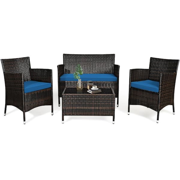 Gymax 4-Pieces Patio Rattan Wicker Conversation Furniture Set Outdoor with Peacock Blue Cushion