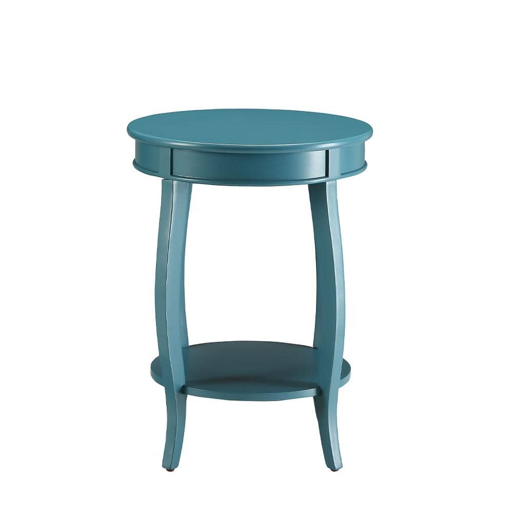 Teal Round Wooden Aberta Side Table with Stylized Legs and Shelf