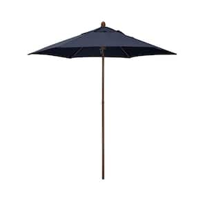 7.5 ft. Wood-Grained Steel Market Patio Umbrella with Push Lift in Navy Blue Polyester