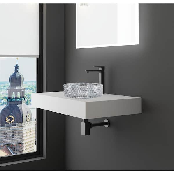 30 in. Wall Mounted Bathroom Countertop Shelf in White Solid Surface with White Round Glass Vessel Sink