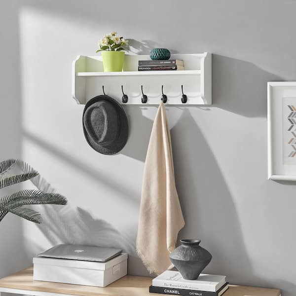 DANYA B 25 in. White Entryway Utility Wall Shelf with Hooks XF161206WH -  The Home Depot