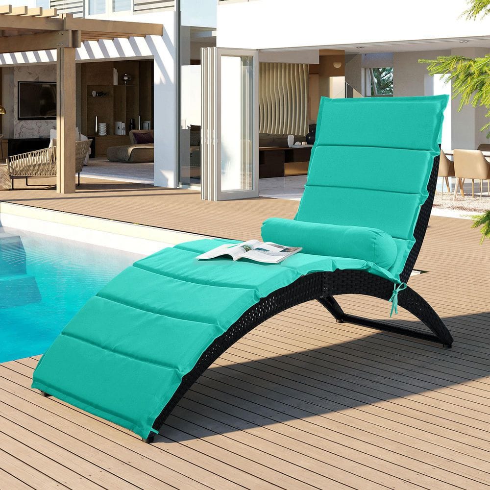 Tunearary Patio Wicker Sun Lounger Outdoor, Foldable Curved Lounger with Removable Cushion Blue