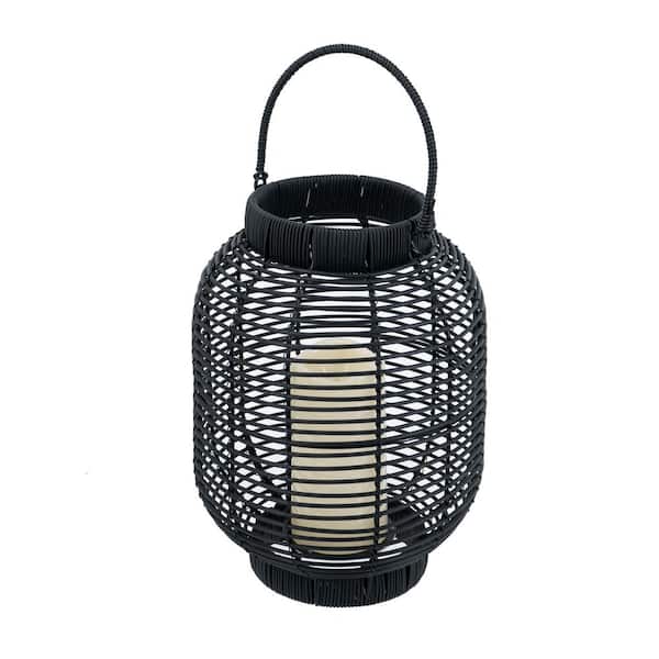 Classic 12 in. x 9 in. Black Round Rattan Lantern with LED Candle