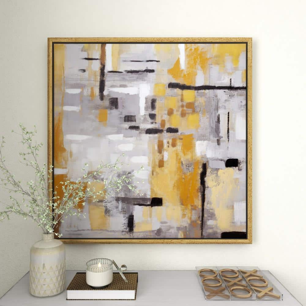 Gold and Gray Abstract Canvas Wall Art with Gold Frame, 40" x 40"