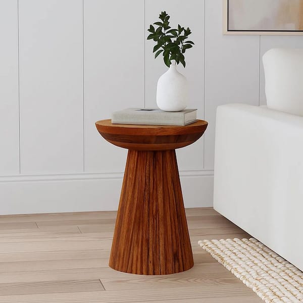 Ureo 14 in. Brown Round Mango Wood Side Table with Cone Pedestal Base