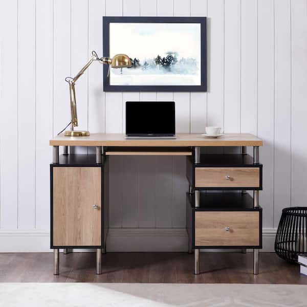 47.2 Rustic Wooden Natural & Black Office Desk with Drawers & Metal Legs