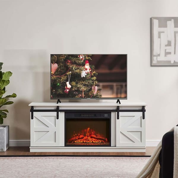 58 in. W Freestanding Electric Fireplace TV Stand with Farmhouse Sliding Barn Doors in White
