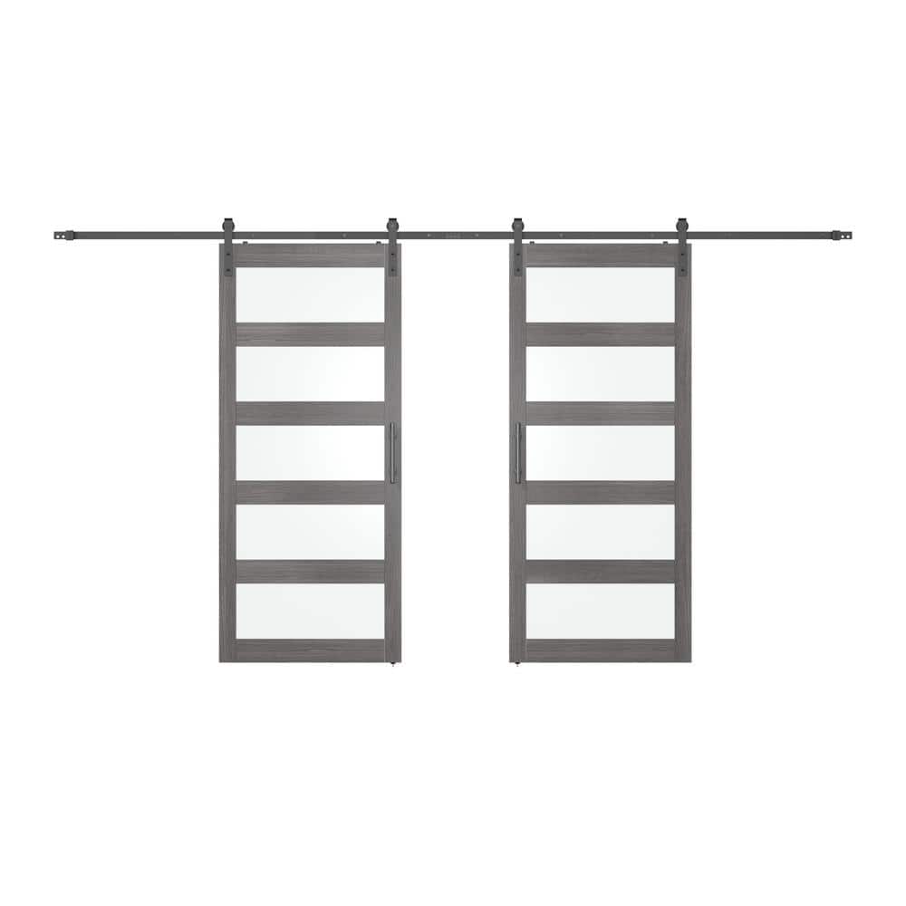72 in. x 84 in. 5 Frosted Glass Gray PVC Surface MDF Sliding Barn Door with