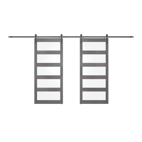 SANDING 72 in. x 84 in. 5 Frosted Glass Gray PVC Surface MDF Sliding Barn Door with Hardware Kit