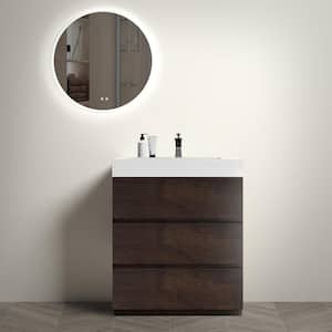 30 in. W Modern Freestanding Bathroom Vanity with 3-Drawers and White Gel Sink in Brown