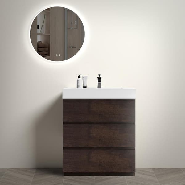 FUNKOL 30 in. W Modern Freestanding Bathroom Vanity with 3-Drawers and White Gel Sink in Brown