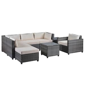 8-Piece Grey Wicker Outdoor Sectional Set with Beige Cushions