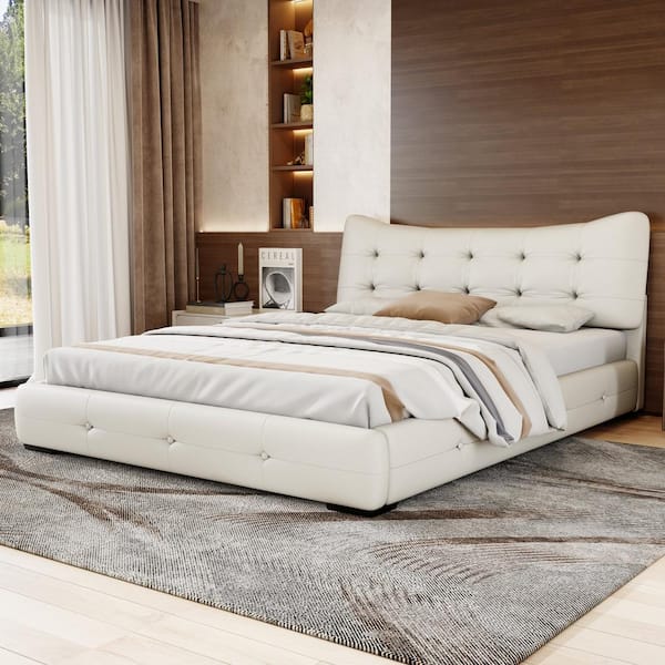 Qualler White Wood Frame Queen Size Upholstered Platform Bed with Ergonomic Wingback Headboard