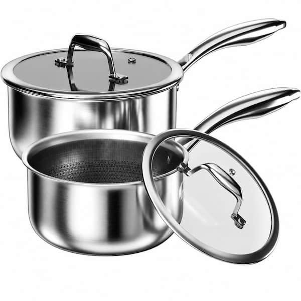 2-Piece Silver Stainless Steel Hybrid Ceramic Nonstick Induction Compatible Saucepan Set with Glass Lids