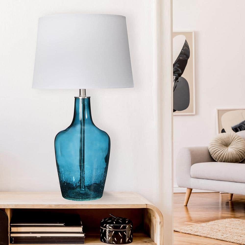 27" Deep Blue Glass Table Lamp with White Shade