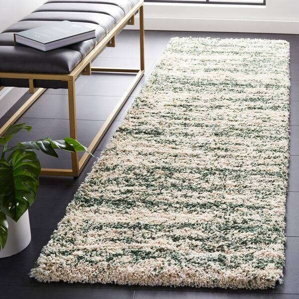 Hudson Shag Ivory/Green 2 ft. x 12 ft. Marble Runner Rug