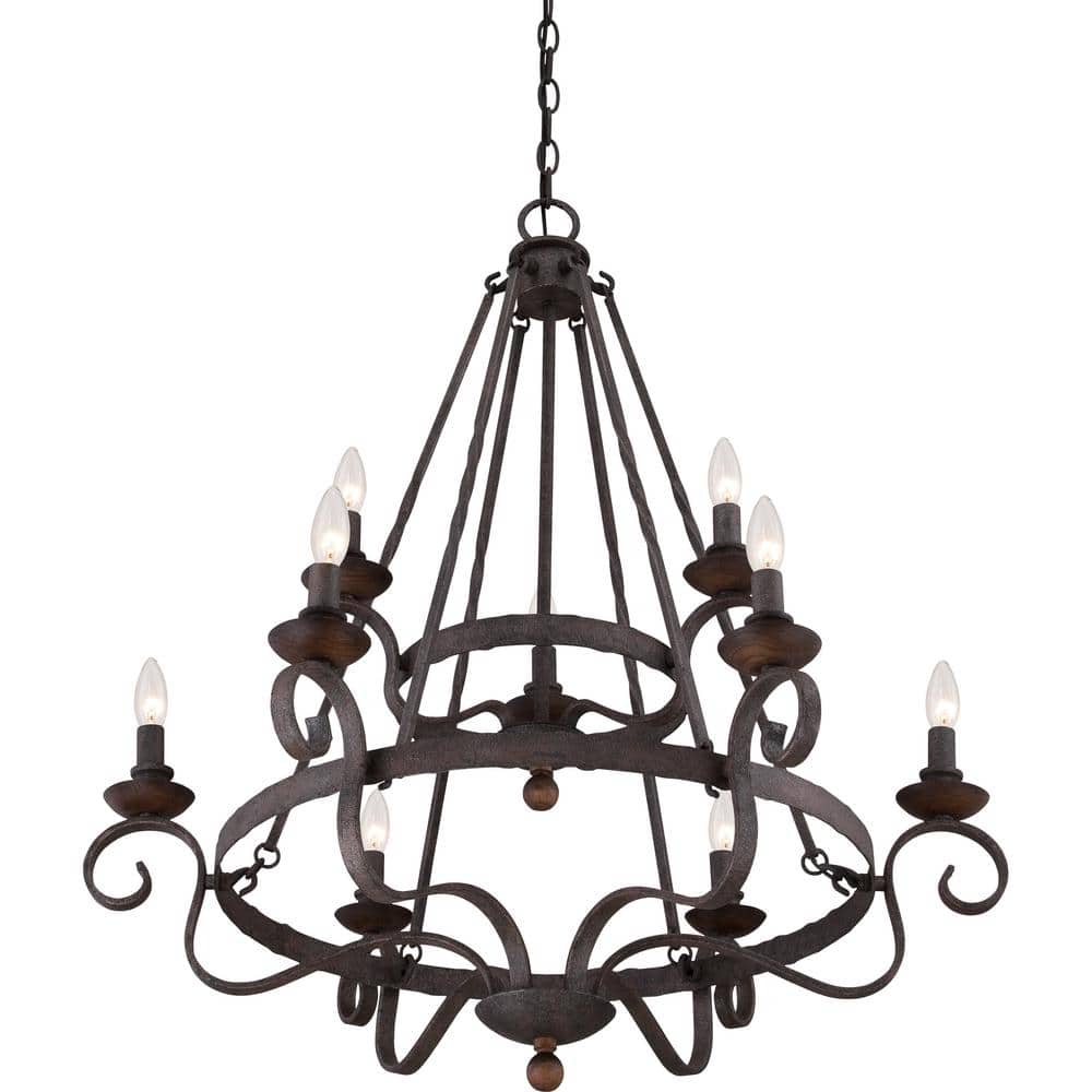 Noble Rustic Black Hammered Metal 32" Chandelier with Walnut Accents