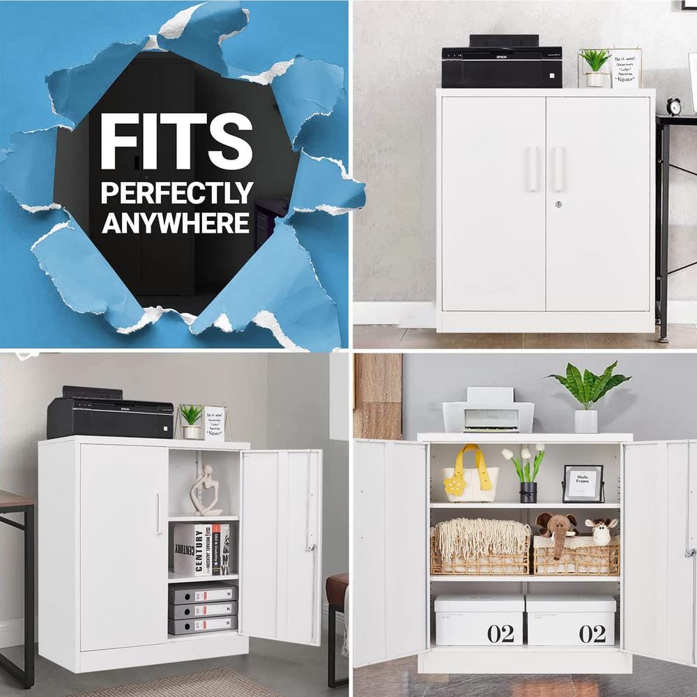 White Lockable Freestanding Office Cabinet with Adjustable Shelving