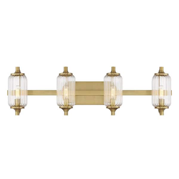 Holton 32 in. W x 9 in. H 4-Light Warm Brass Bathroom Vanity Light with Clear Ribbed Glass Shades
