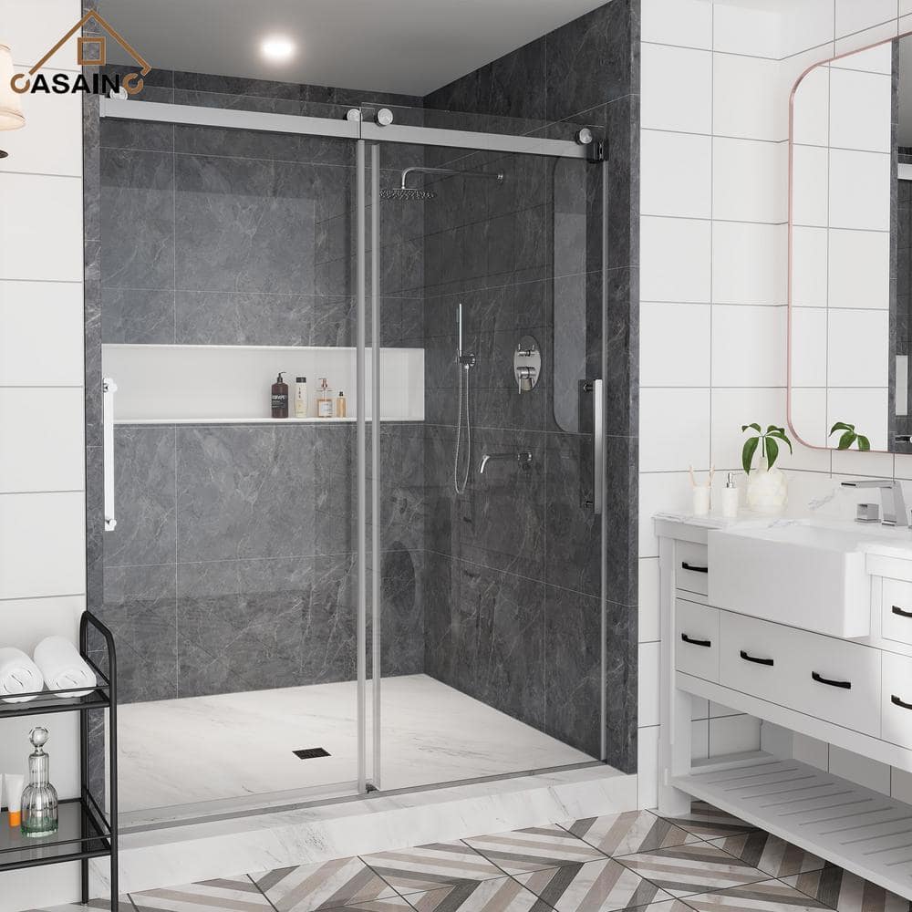 60" x 76" Frameless Brushed Nickel Double Sliding Shower Door