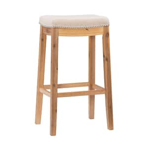 Concord 32 in. Brown Acacia Backless Wood Counter Stool with Natural Fabric Seat