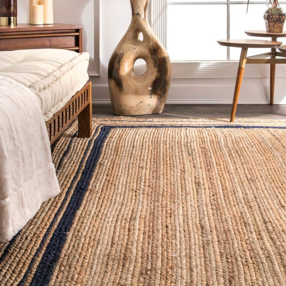 Navy and Natural Braided Jute Reversible Area Rug