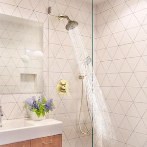 2-Spray Patterns 6 in. Wall Mount Dual Shower Heads Shower System with 3-Setting Hand Shower in Brushed Gold