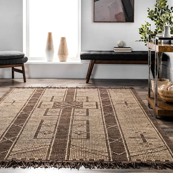 nuLOOM Livy Handmade Jute and Leather Tribal Fringe Natural 8 ft. x 10 ft. Area Rug