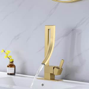 Single-Handle Single Hole Bathroom Faucet with Deckplate Included in Brushed Gold