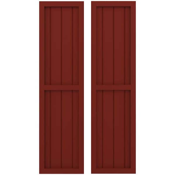 Ekena Millwork 14 in. W x 52 in. H Americraft 4 Board Exterior Real Wood Two Equal Panel Framed Board and Batten Shutters Pepper Red