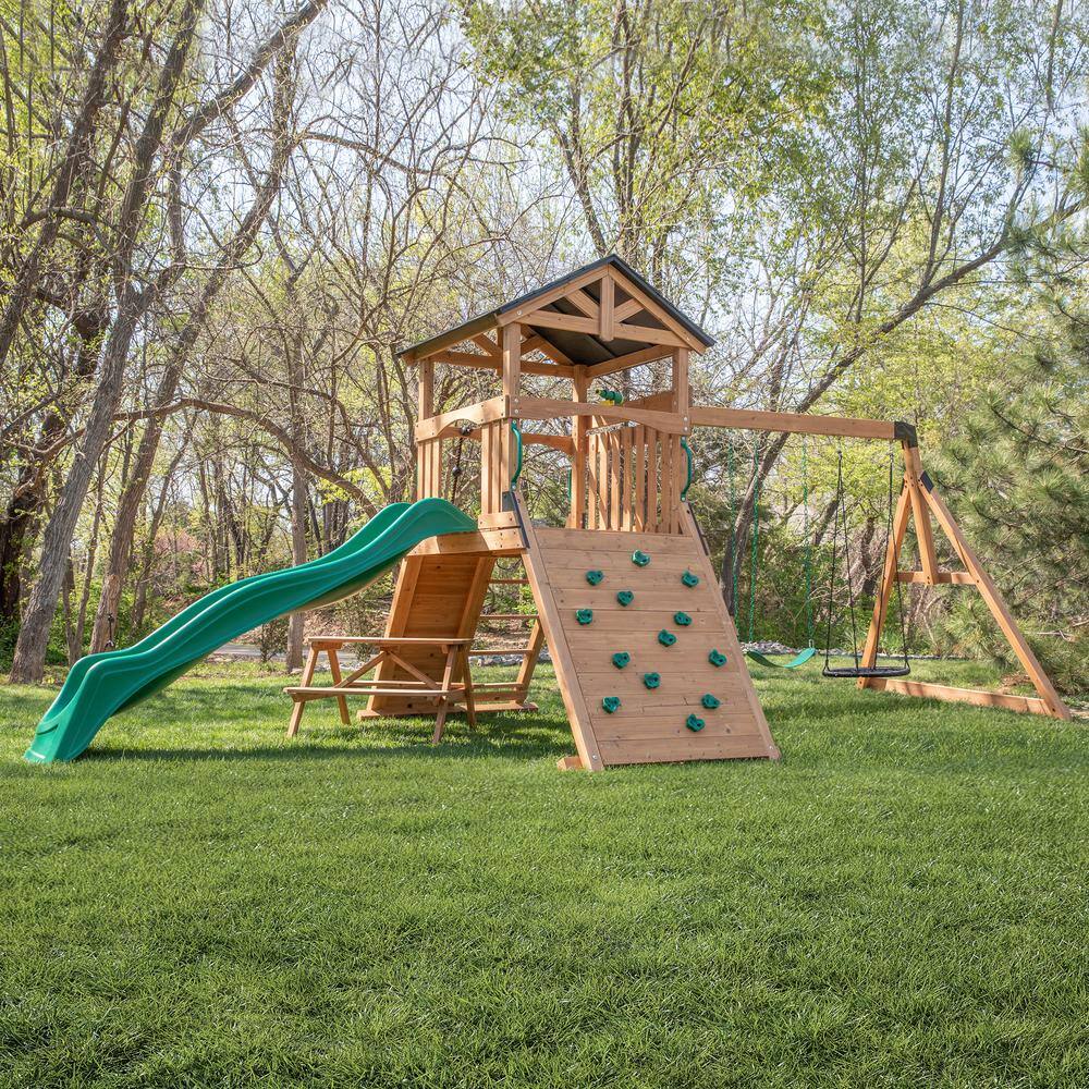 Endeavor II Cedar Swing Set with Slide and Climbing Wall