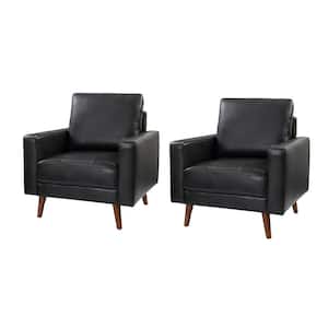 Christine Mid-Century Modern Black Genuine Leather Armchair with Wood Flared Legs (Set of 2)