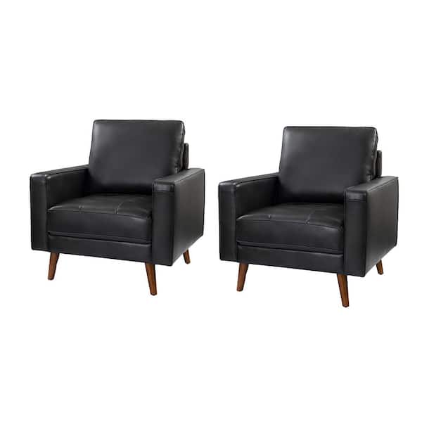 JAYDEN CREATION Christine Mid-Century Modern Black Genuine Leather Armchair with Wood Flared Legs (Set of 2)