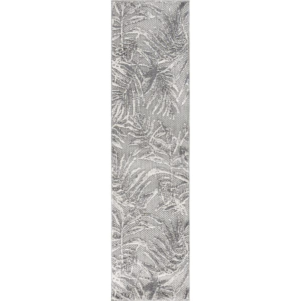 World Rug Gallery Bahama Palm Frond Floral Gray 2 ft. x 7 ft. Runner Indoor/Outdoor Area Rug