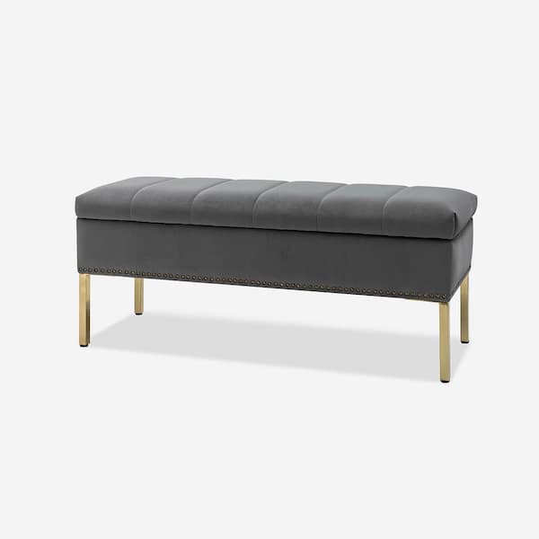 JAYDEN CREATION Eduard Grey 46.5 in. W Upholstered Flip Top Storage Bench with Nailhead Trim and Metal Legs