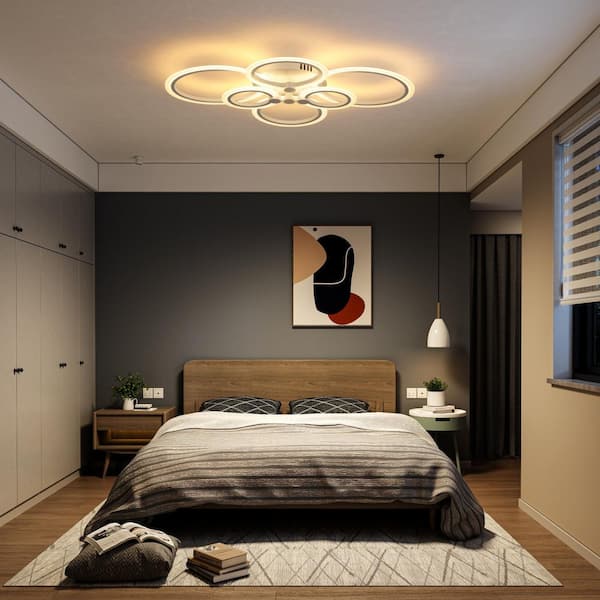 31 in. White Modern Integrated LED 6 Rings Circle Semi- Flush Mount Ceiling Light with Remote Control for Living Room