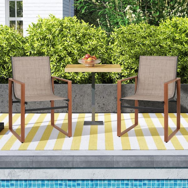 Set of 2 Metal Patio Outdoor Dining Chairs with Breathable Backrest and Seat in Brown