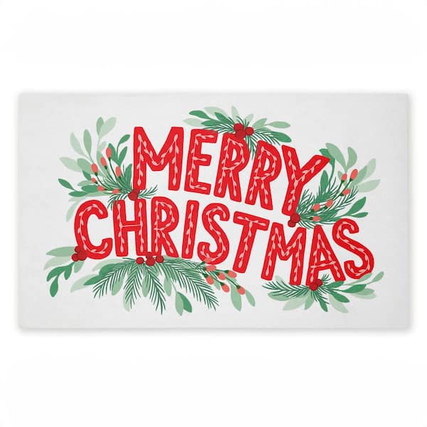 Merry Christmas with Seasonal Greenery Red 18 in. x 30 in. Polyester Non-Slip Outdoor Door Mat
