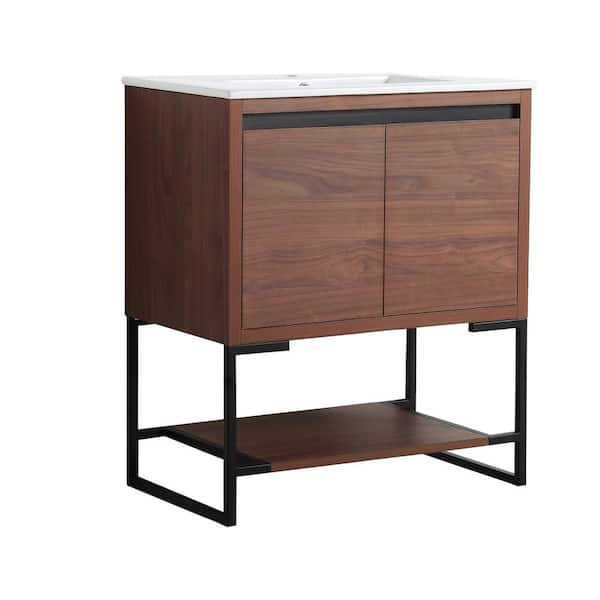 JimsMaison 32 in. W x 18 in. D x 34.25 in. H Bath Vanity Set in Brown with White Ceramic Vanity Top with White Basin