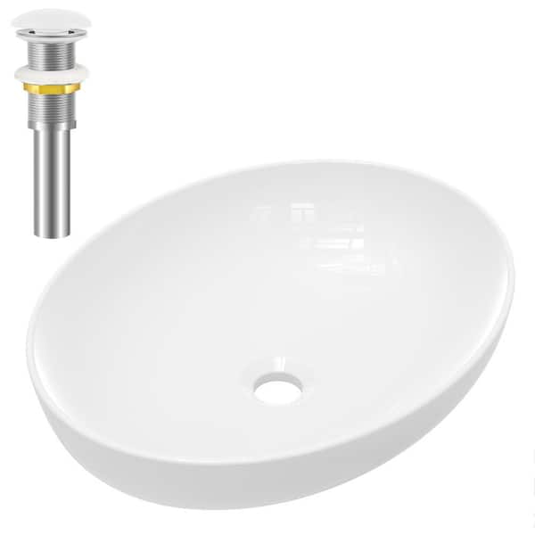 yulika Oval Sink 16 in . Bathroom Sink Ceramic Vessel Sink Bathroom Sink Modern with Pop-Up Drain in White