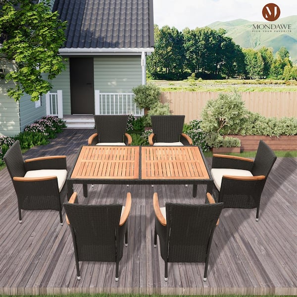 Mondawe Brown 7-Piece PE Rattan Wicker Outdoor Dining Set Acacia Wood Tabletop Patio Table Set with Beige Cushions