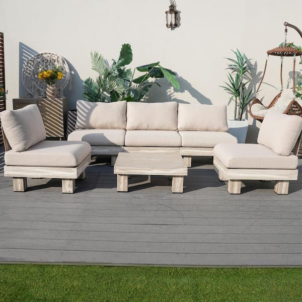 moda furnishings Choi 6-Piece Aluminum Outdoor Patio Wood Grain Sectional Conversation Set with Beige Cushions