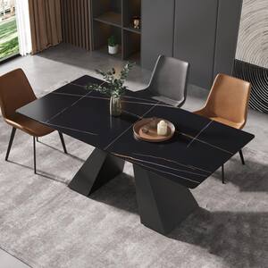 Magic Home 70.87 in. Black Sintered Stone Tabletop Kitchen Dining Table with Modular Black V ...