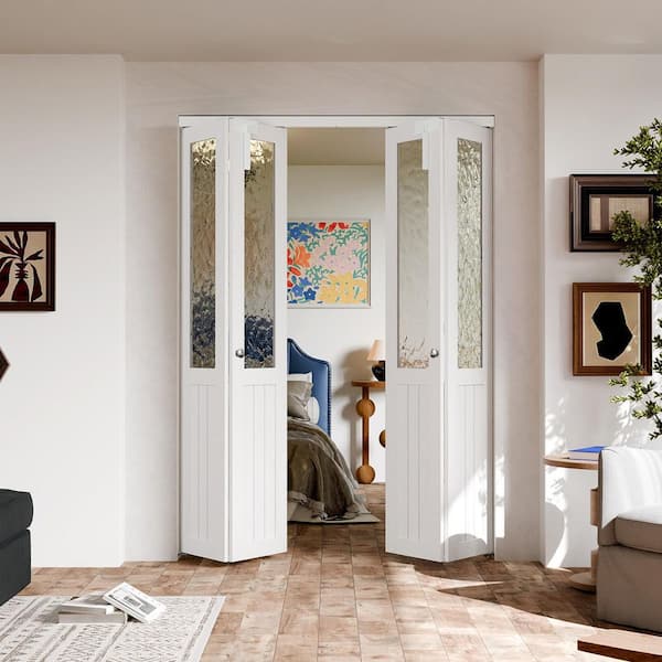 TENONER 60 in. x 80 in. Half Hammered Glass Solid Core White PVC Covering MDF Bi-fold Door with Locks, Handles and Hardware Kits