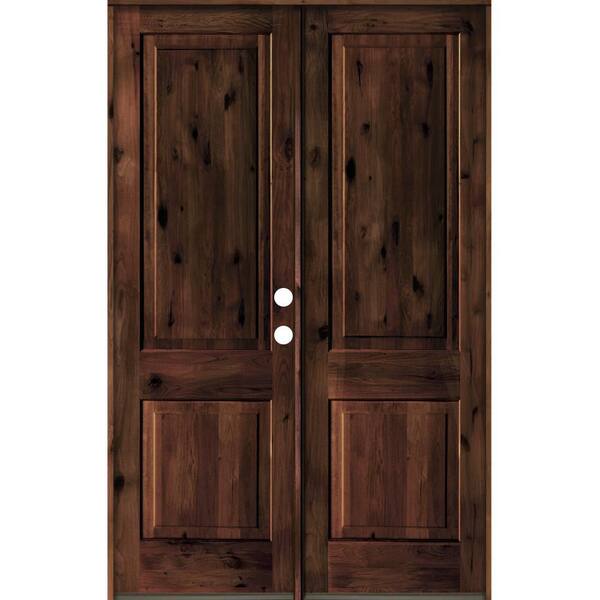 Krosswood Doors 60 in. x 96 in. Rustic Knotty Alder 2-Panel Square Top Red Mahogany Stain Left-Hand Wood Double Prehung Front Door