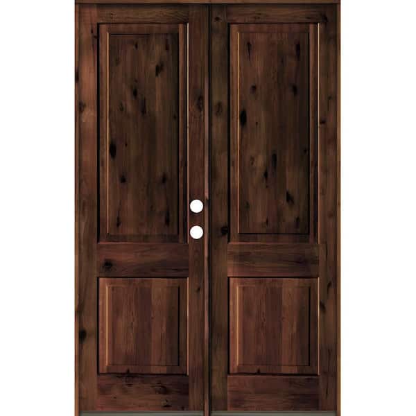 Krosswood Doors 64 in. x 96 in. Rustic Knotty Alder 2-Panel Square Top Red Mahogony Stain Left-Hand Wood Double Prehung Front Door