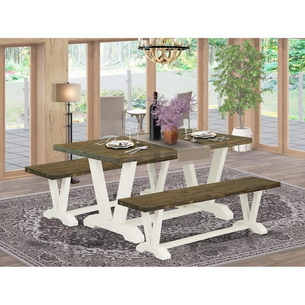 East West Furniture 3-Piece Rectangle Distressed Jacobean Finish Solid Wood Top Dining Table with 2-Benches with Backless