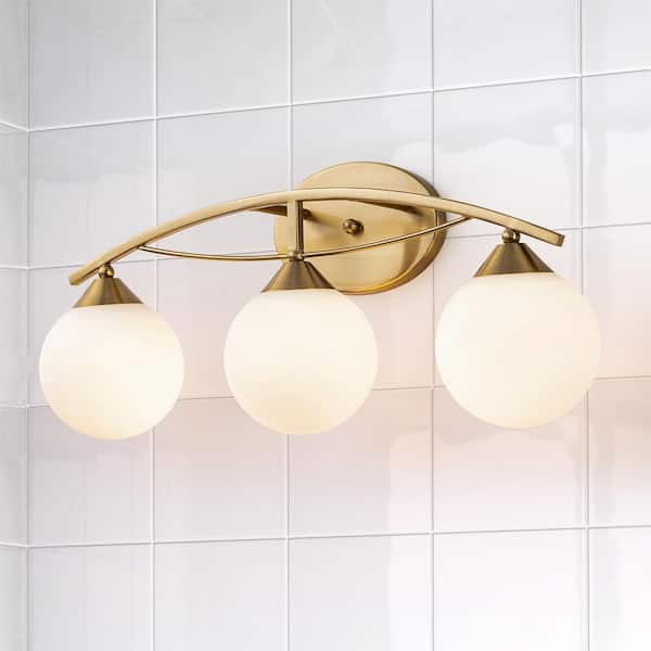 Lucie 24.41 in. 3-Light Brass Bathroom Vanity Light with Opal Glass Shades