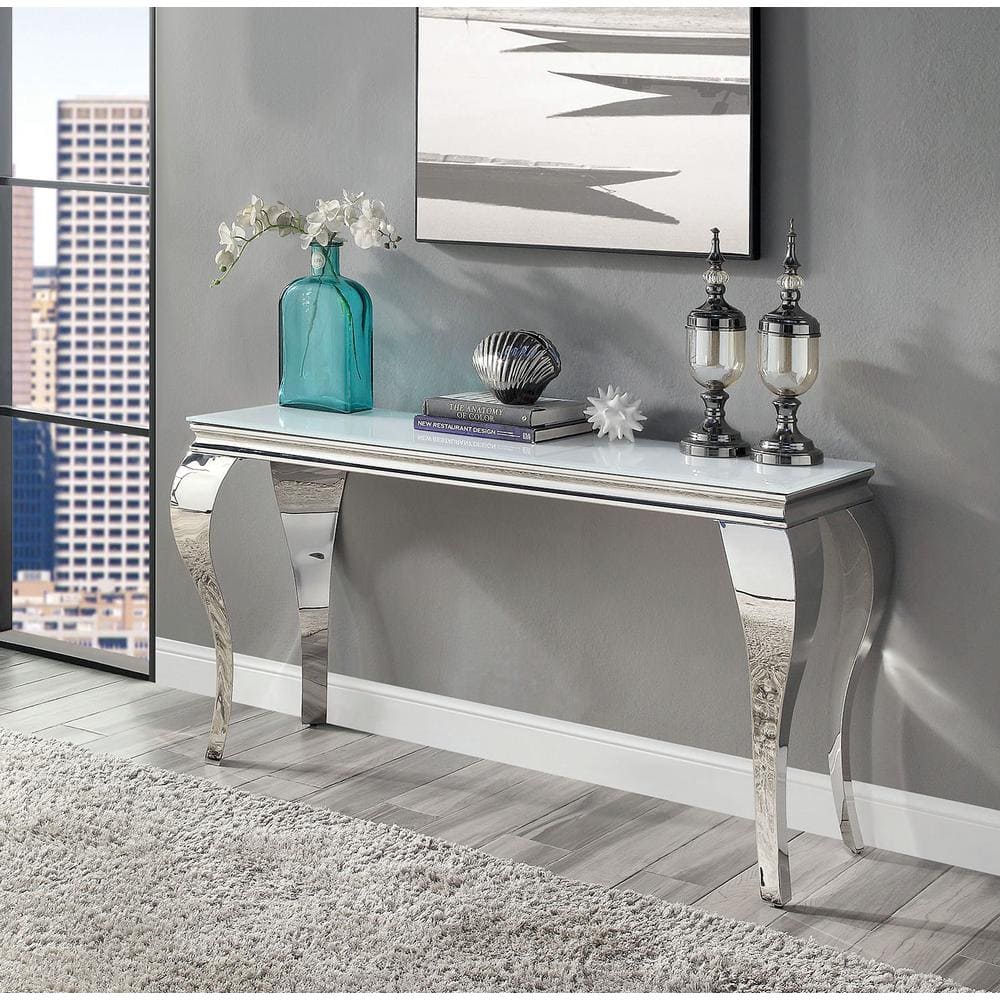 Furniture of America Mosgood 55 in. White and Silver Rectangle Glass ...